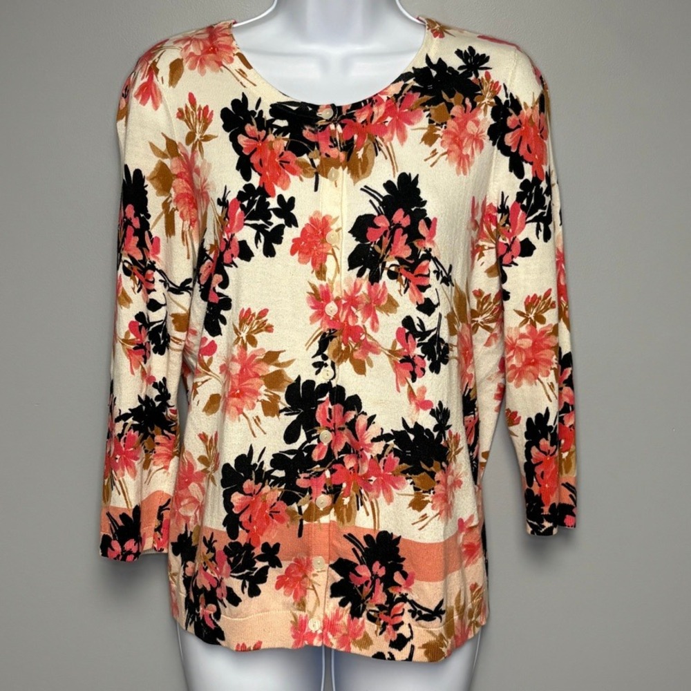 Talbots Petites Feminine Coquette Pink Floral Preppy Button Up Cardigan M Petite